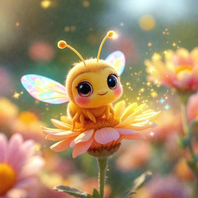 The primary subject of the image is a small yellow and black bee sitting on a pink flower. The setting is a garden with other flowers in the background. The visual style is a digital art or illustration, creating a whimsical and playful atmosphere. The dominant colors are yellow, pink, and black, with the bee being the main focal point.